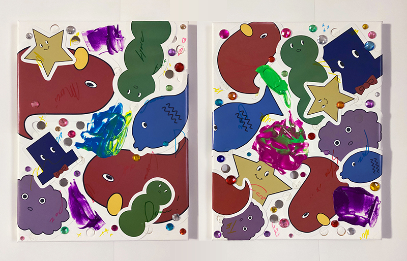 キャンバスにステッカーを貼った絵画